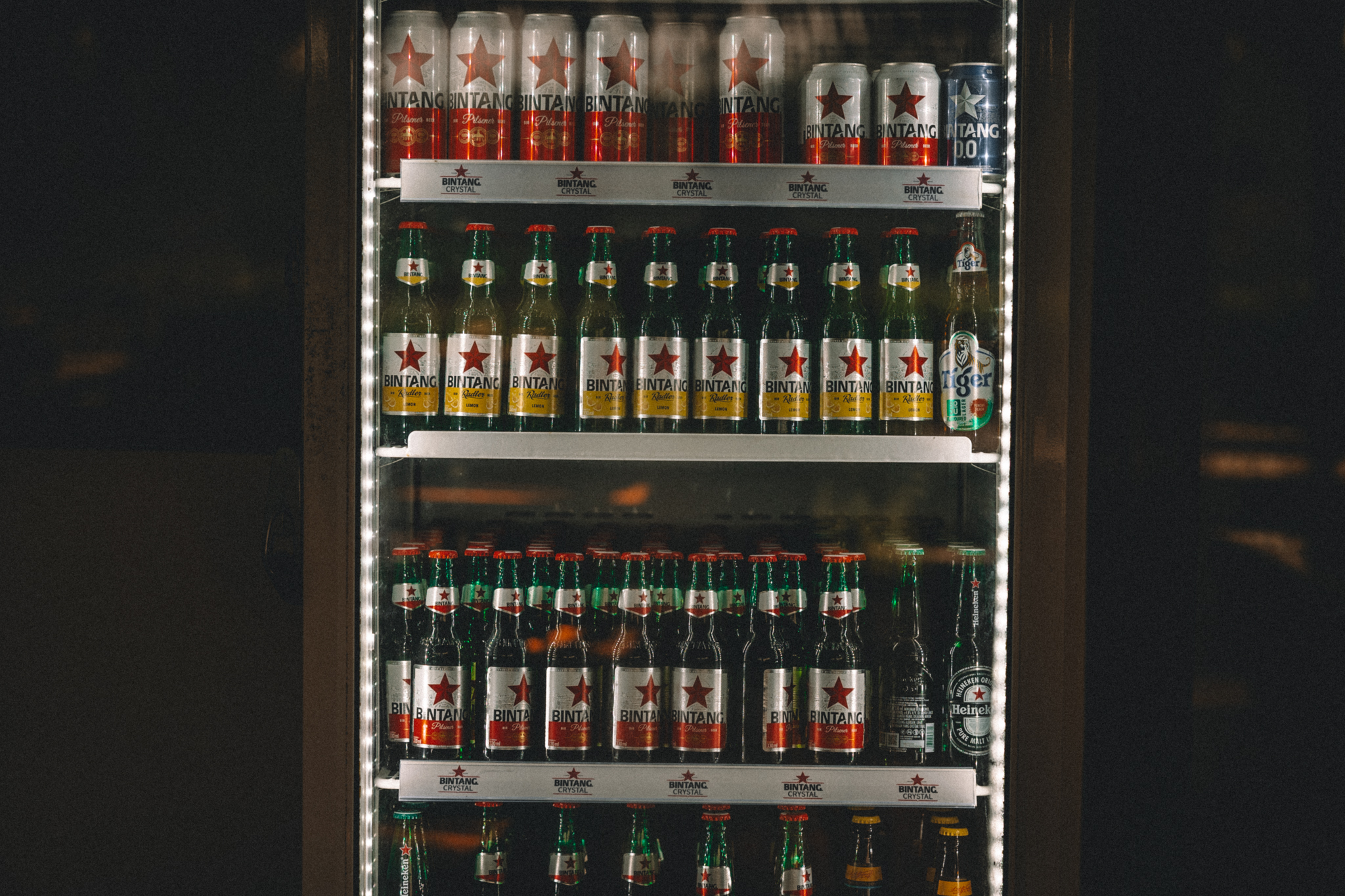 Rows of drinks in a refrigerator lit against a dark room