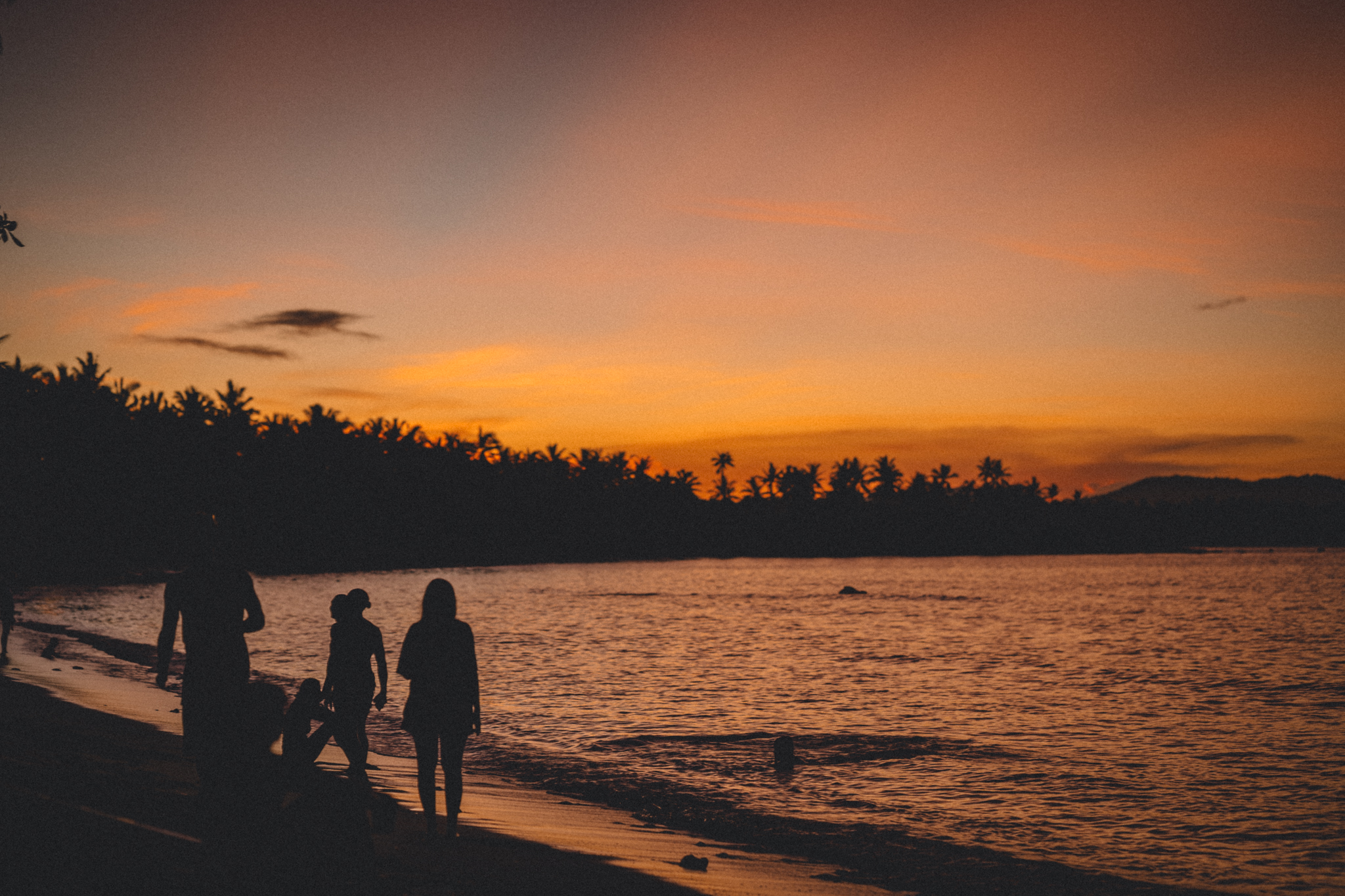 Silhouettes walking by the water at sunset