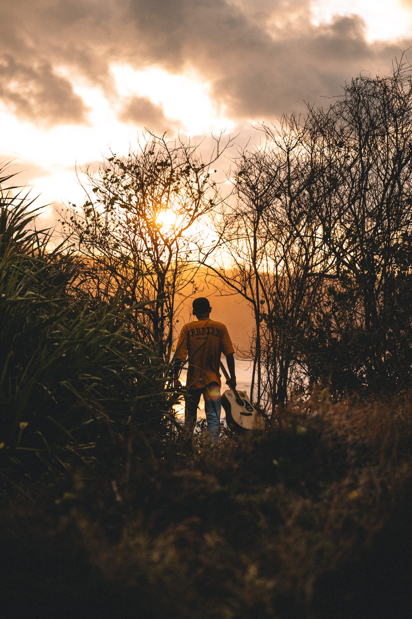 A person walking toward the sea through trees