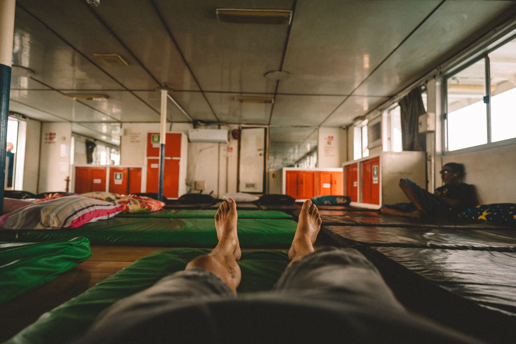 Looking across the cabin of a ferry